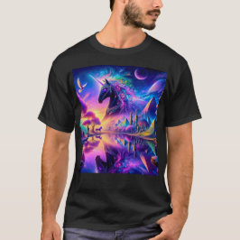 Schwarzes Einhorn in einer Fantasiewelt mit Pyrami T-Shirt