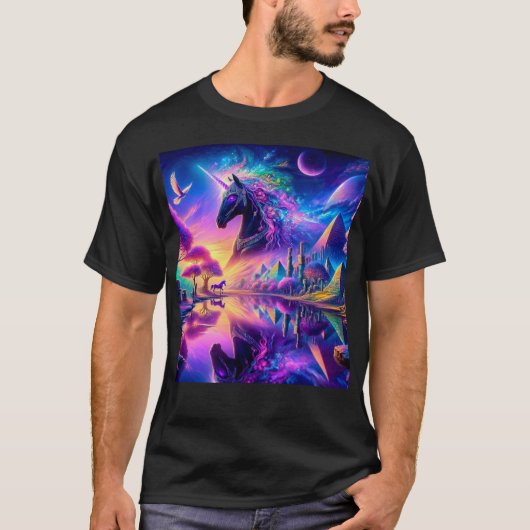 Schwarzes Einhorn in einer Fantasiewelt mit Pyrami T-Shirt (Vorderseite)