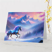 Schwarzes Einhorn in einer traumhaften Winterlands Karte (Gelbe Blume)