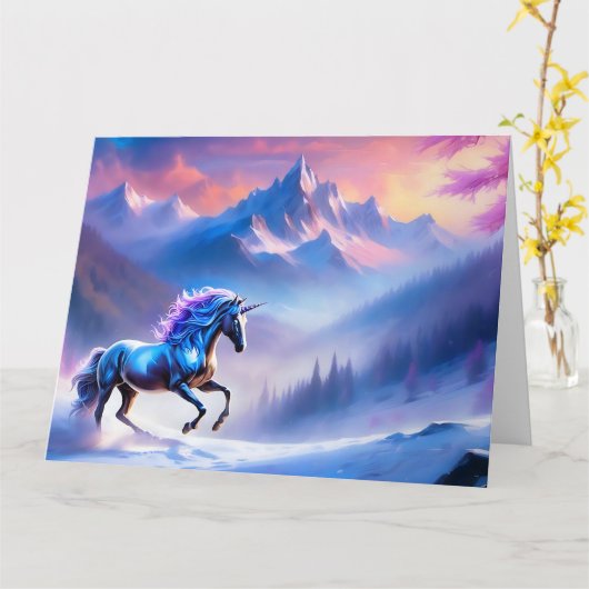 Schwarzes Einhorn in einer traumhaften Winterlands Karte (Gelbe Blume)