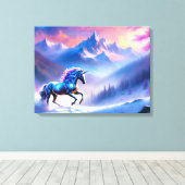 Schwarzes Einhorn in einer traumhaften Winterlands Leinwanddruck (Insitu (Holzboden))