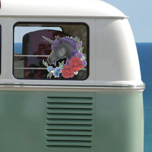Schwarzes Einhorn Lila Mitternachtsgarten Blumen Aufkleber