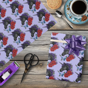 Schwarzes Einhorn Lila Mitternachtsgarten Blumen Geschenkpapier