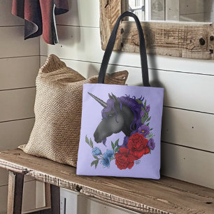 Schwarzes Einhorn Lila Mitternachtsgarten Blumen Tasche