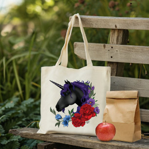 Schwarzes Einhorn Lila Mitternachtsgarten Blumen Tragetasche