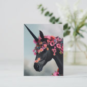 Schwarzes Einhorn mit Blume Postkarte (Stehend Vorderseite)