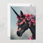 Schwarzes Einhorn mit Blume Postkarte (Vorne/Hinten)