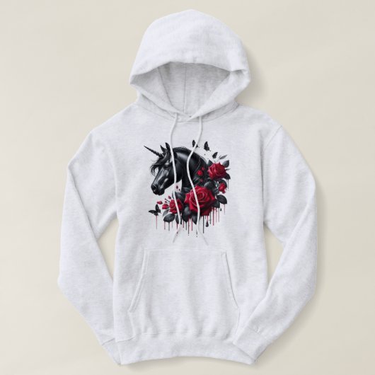 Schwarzes Einhorn umgeben von lebhaften Rote Rosen Hoodie (Design vorne)