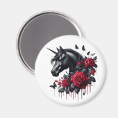 Schwarzes Einhorn umgeben von lebhaften Rote Rosen Magnet (Vorderseite/Rückseite)