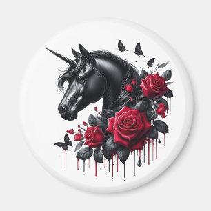 Schwarzes Einhorn umgeben von lebhaften Rote Rosen Magnet