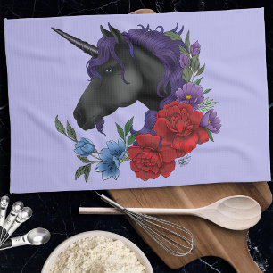 Schwarzes Einhorn und Blume Geschirrtuch