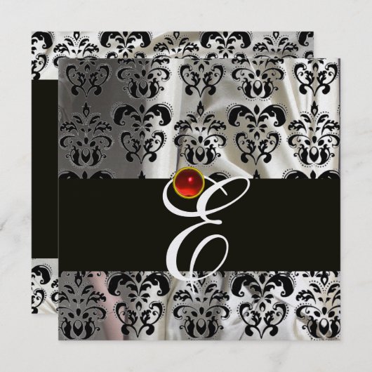 SCHWARZES EISSILK DAMASK KLOTH MONOGRAMM RED RUBY EINLADUNG (Vorne/Hinten)