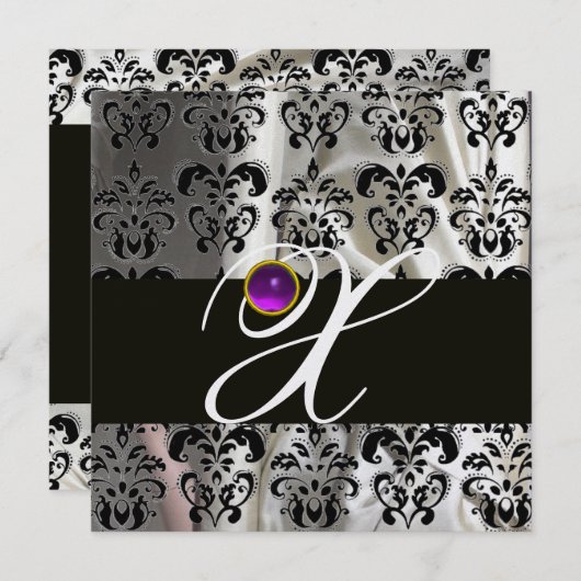 SCHWARZES EISSILK-DAMASK-MONOGRAMM LILA AMETHYST EINLADUNG (Vorne/Hinten)