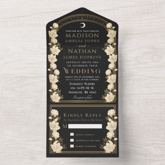 Schwarzes Elegantes Arch All In One Einladung (Innen Boden)