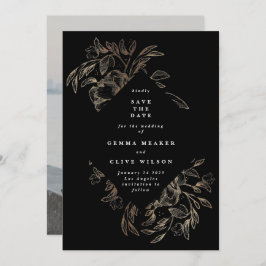 Schwarzes, elegantes, handgezeichnetes botanisches save the date