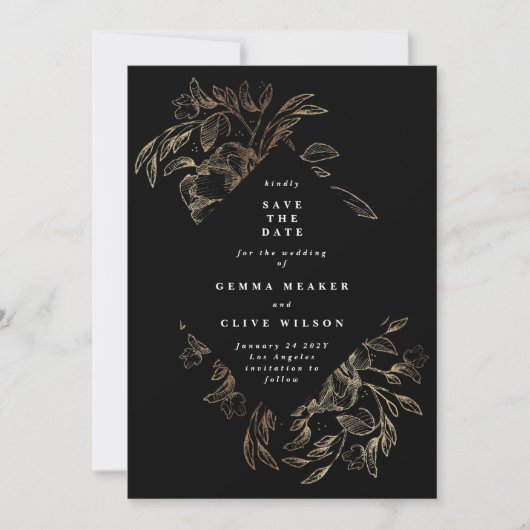 Schwarzes, elegantes, handgezeichnetes botanisches save the date (Vorderseite)