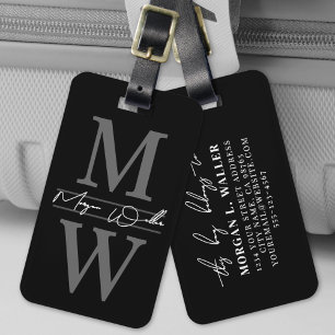 Schwarzes Elegantes Monogramm Name Gepäckanhänger