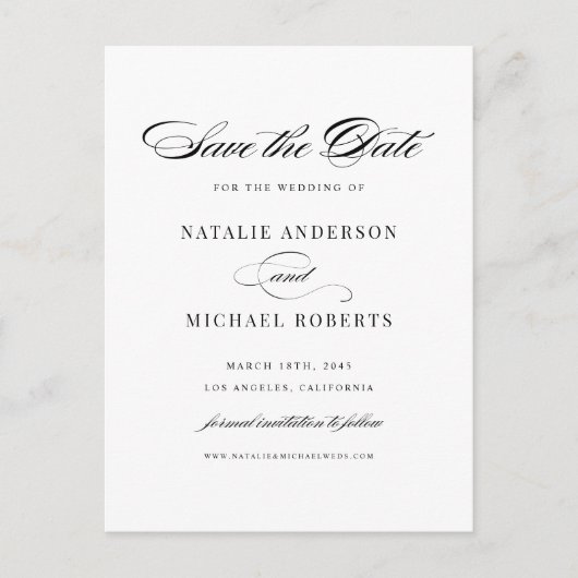 Schwarzes Elegantes Skript Save the Date Postkarte (Vorderseite)