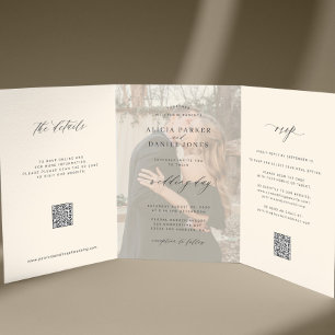 Schwarzes Elfenbein Foto Hochzeit RSVP Details QR- Dreifach Gefaltete Einladung