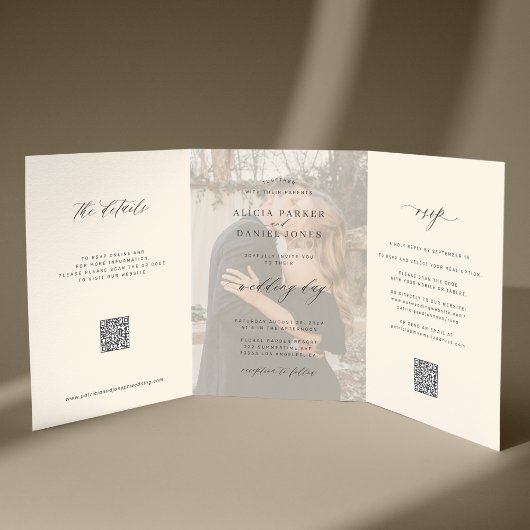 Schwarzes Elfenbein Foto Hochzeit RSVP Details QR- Dreifach Gefaltete Einladung