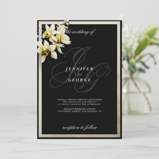 Schwarzes Elfenbein-Monogramm-Initialen Einladung (Stehend Vorderseite)