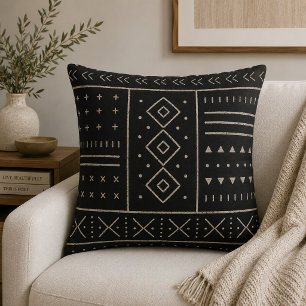 Schwarzes Elfenbein-Tribal-Geometrisches Muster Kissen