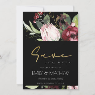 SCHWARZES ERRÖTEN ROSA BURGUND PROTEA BLUMEN AQUAR SAVE THE DATE