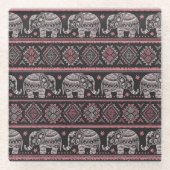 Schwarzes ethnisches Elefant-Muster Glasuntersetzer (Vorderseite)