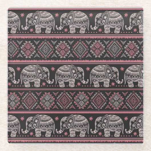 Schwarzes ethnisches Elefant-Muster Glasuntersetzer (Vorderseite)