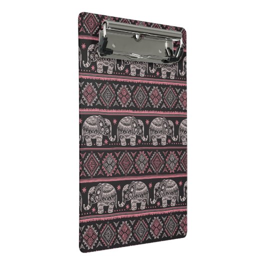 Schwarzes ethnisches Elefant-Muster Mini Klemmbrett (Schrägansicht)