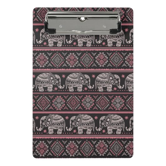 Schwarzes ethnisches Elefant-Muster Mini Klemmbrett (Vorderseite)