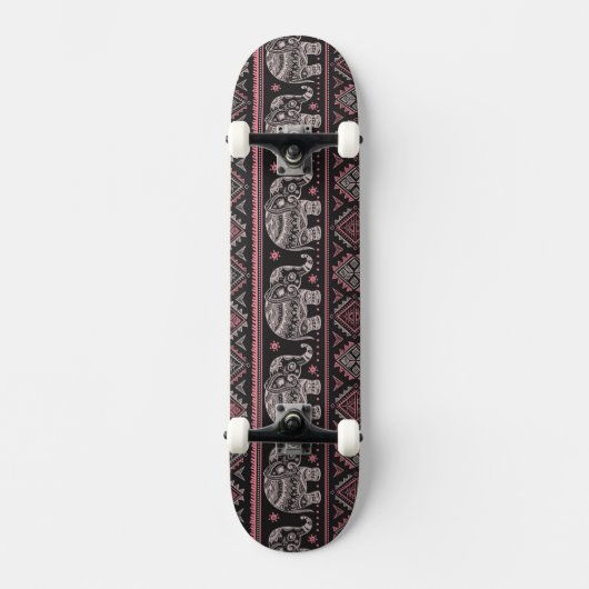 Schwarzes ethnisches Elefant-Muster Skateboard (Vorderseite)