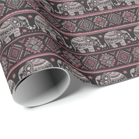 Schwarzes ethnisches Elefantenmuster Geschenkpapier (Rolleneckpunkt)