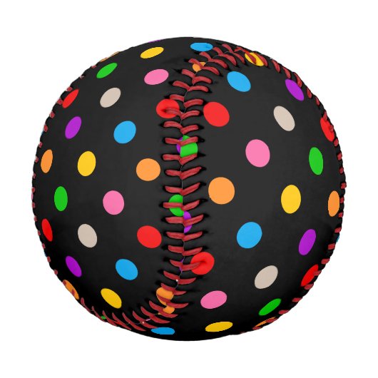 Schwarzes farbenfrohes Regenbogen-Punkte-Design Baseball (Schrägansicht)