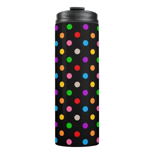 Schwarzes farbenfrohes Regenbogen-Punkte-Design Thermosbecher (Vorderseite)