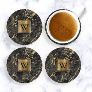 Schwarzes Faux-Marmor-Gold-Monogramm Getränkeuntersetzer