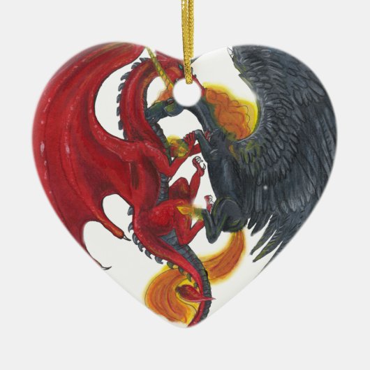 Schwarzes Feuer-Einhorn und roter Drache Keramikornament (Vorne)