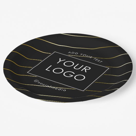 Schwarzes Firmenlogo für gestreifte Unternehmen Pappteller (Schrägansicht)