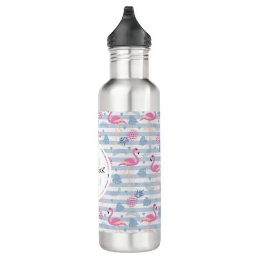 Schwarzes Flamingo-Ananas-Muster Monogramm Edelstahlflasche (Rechts)