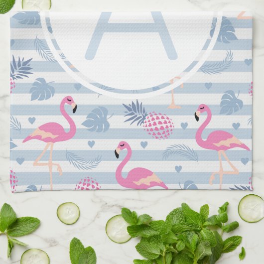 Schwarzes Flamingo-Ananas-Muster Monogramm Geschirrtuch (Gefaltet)