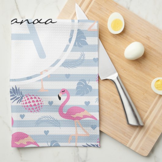 Schwarzes Flamingo-Ananas-Muster Monogramm Geschirrtuch (Viertel Falte)