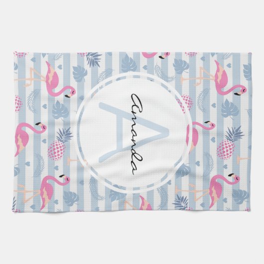 Schwarzes Flamingo-Ananas-Muster Monogramm Geschirrtuch (Horizontal)