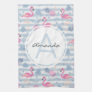 Schwarzes Flamingo-Ananas-Muster Monogramm Geschirrtuch