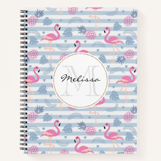 Schwarzes Flamingo-Ananas-Muster Monogramm Notizblock (Vorderseite)