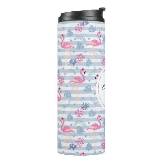 Schwarzes Flamingo-Ananas-Muster Monogramm Thermosbecher (Nach links gedreht)