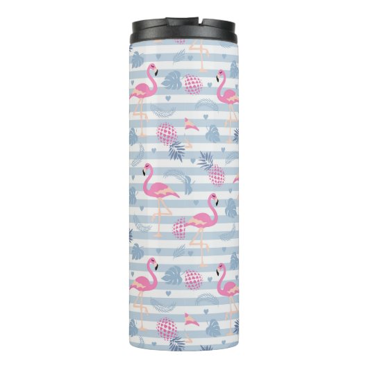 Schwarzes Flamingo-Ananas-Muster Monogramm Thermosbecher (Rückseite)