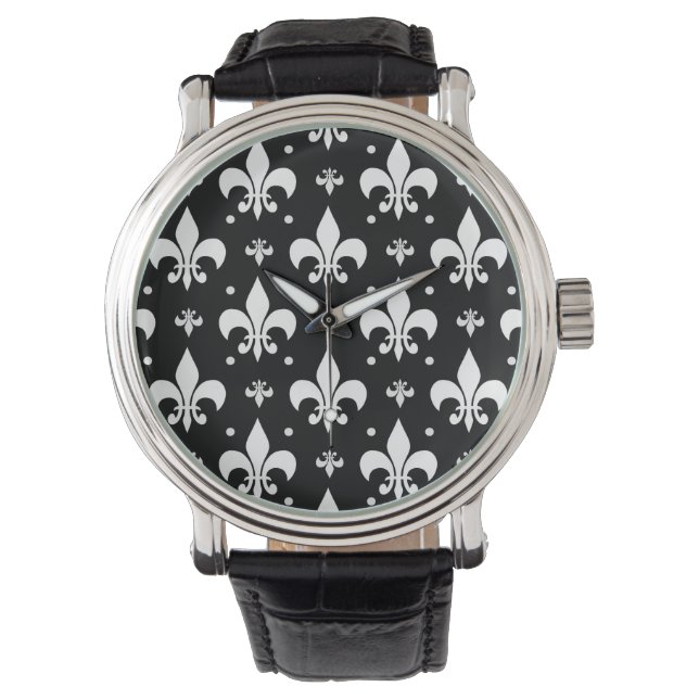 Schwarzes Fleur-de-lis-Muster Armbanduhr (Vorderseite)