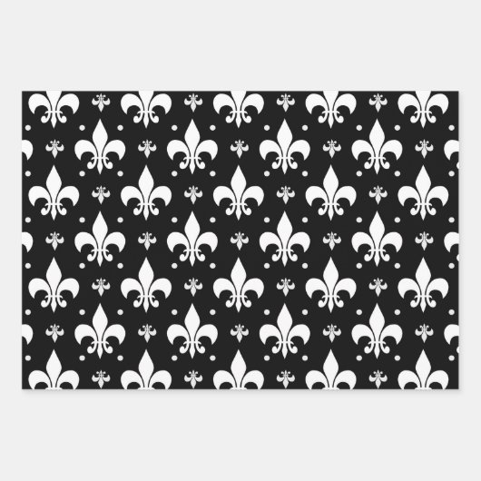 Schwarzes Fleur-de-lis-Muster Geschenkpapier Set (Vorderseite)