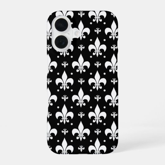 Schwarzes Fleur-de-lis-Muster iPhone 16 Hülle (Rückseite)