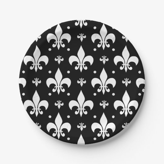 Schwarzes Fleur-de-lis-Muster Pappteller (Vorderseite)